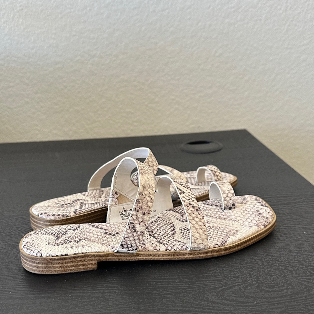 a new day Beige Snake-Print Toe-Loop Crossover Sandals